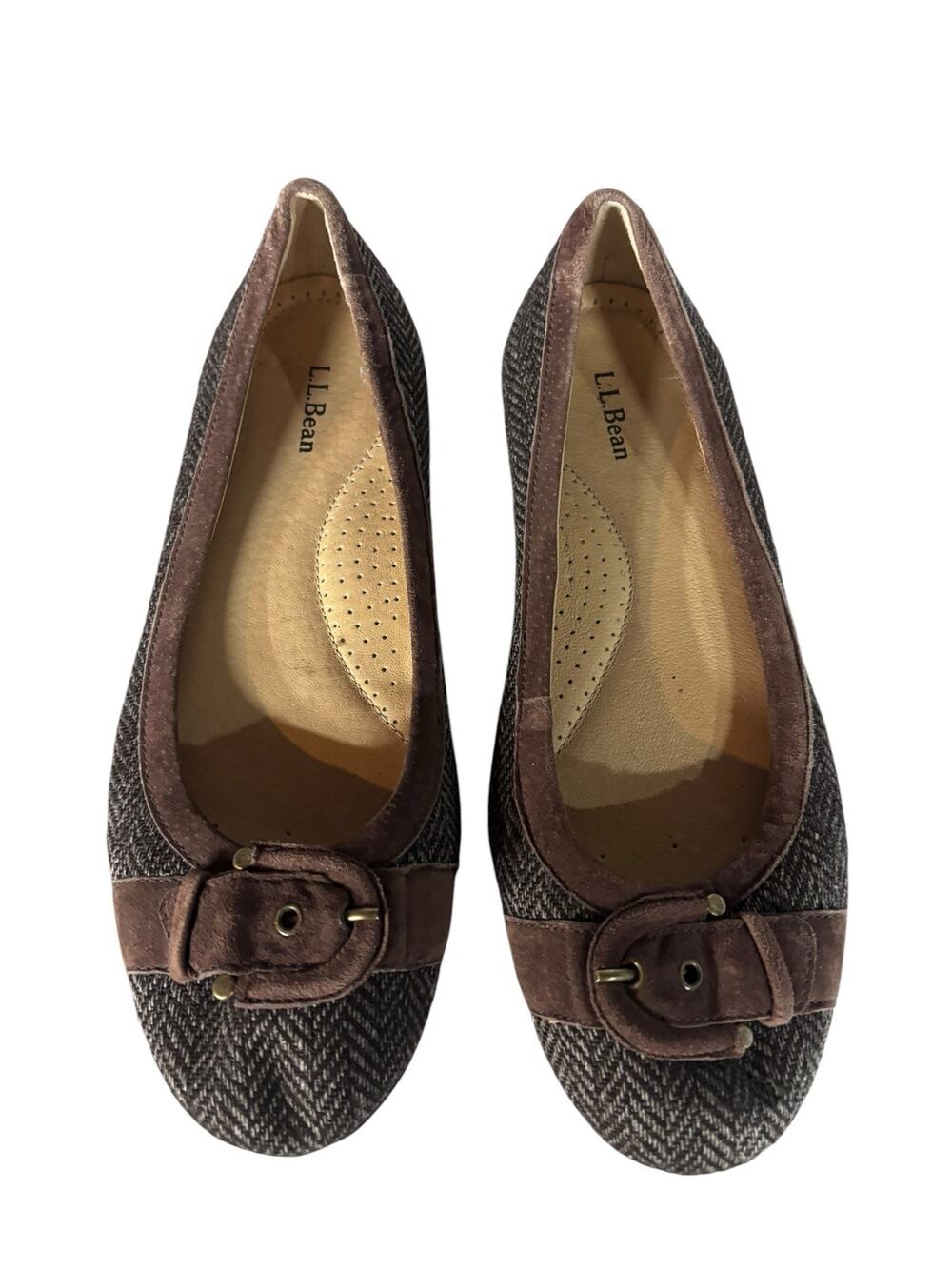 LL Bean Woman’s Slip On Flats Size 9.5 Herringbone Tweed With Buckle Classic